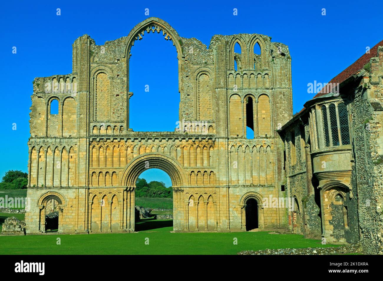 Castle Acre Priory, Norfolk, west front of priory church,  Priors Lodging, English ruined priories, England, UK Stock Photo