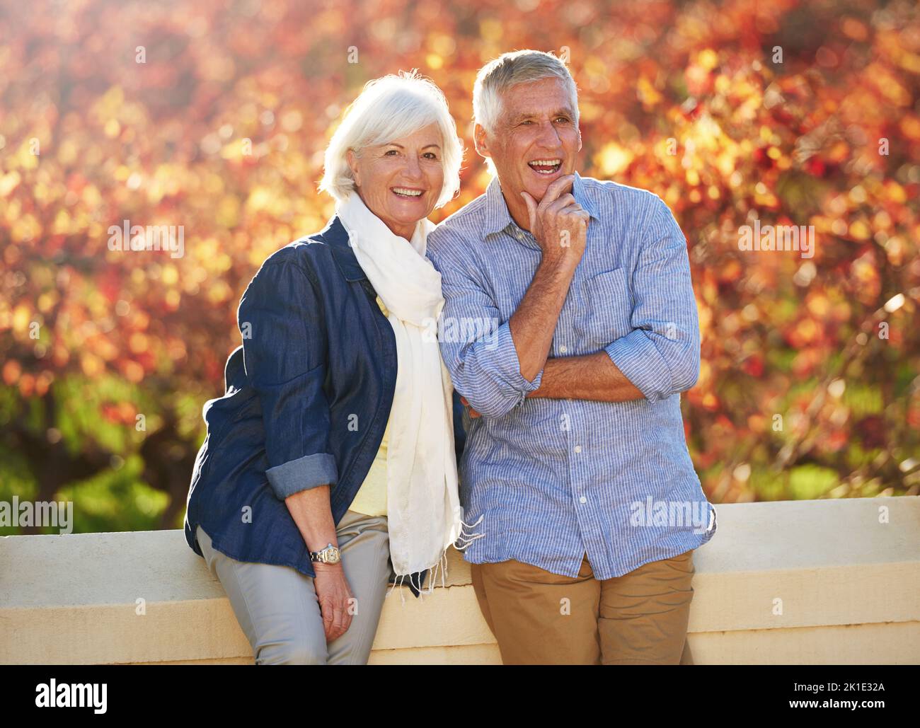 Wine-tasting is one of our favourite past-times. a senior couple standing outdoors on a wine farm. Stock Photo
