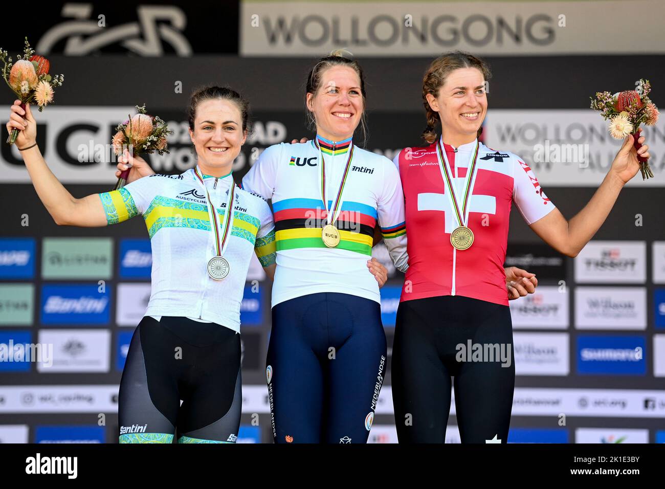 Australian Grace Brown of FDJ Nouvelle-Aquitaine Futuroscope , winner of the silver medal, Dutch Ellen Van Dijck , winner of the gold medal and Swiss Marlen Reusser , winner of the bronze medal pictured on the podium after the women elite individual time trial at the UCI Road World Championships Cycling 2022, in Wollongong, Australia, Sunday 18 September 2022. The Worlds are taking place from 18 to 25 September. BELGA PHOTO DIRK WAEM Stock Photo