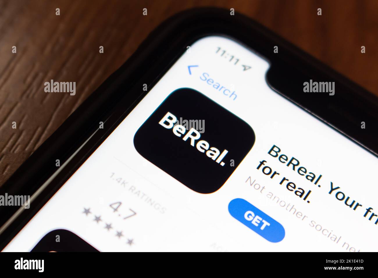 Vancouver, CANADA - Sep 11 2022 : BeReal app in App Store on an iPhone. BeReal is a French social media app that prompts users to take snapshot and po Stock Photo