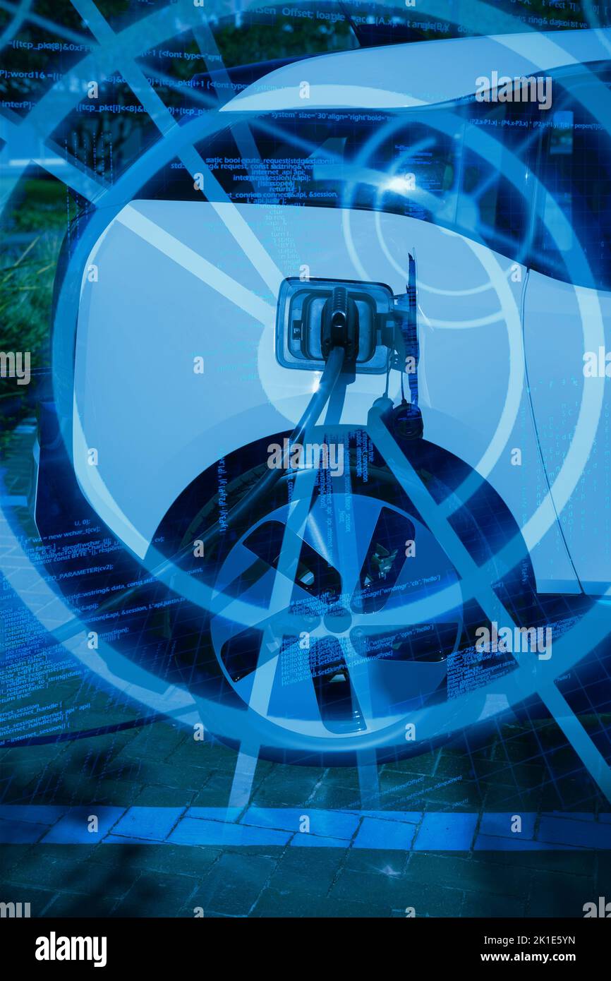 Binary codes and lines against electric car being charged at charging
