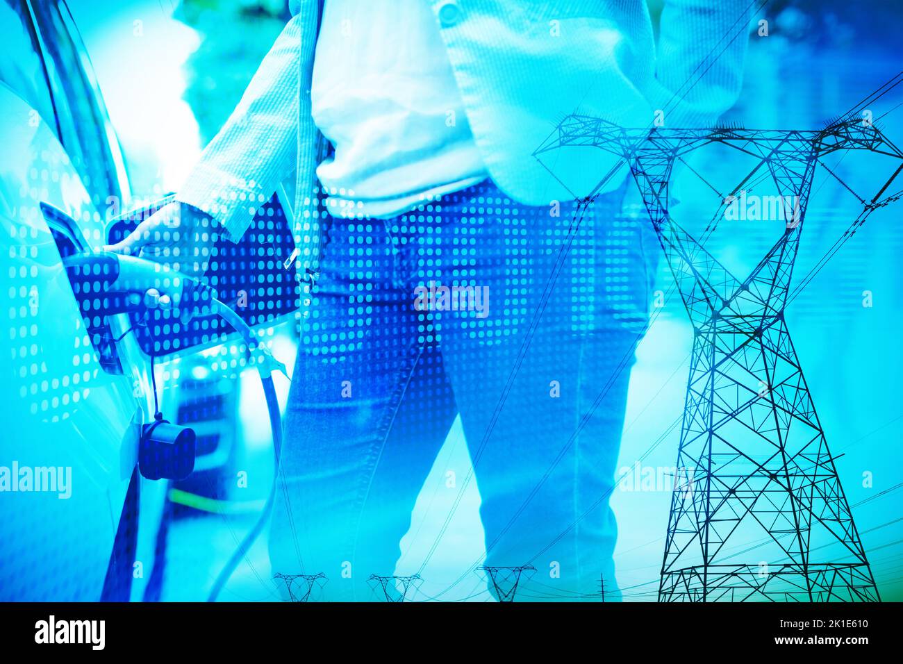 The evening electricity pylon silhouette against binary code on digital screen Stock Photo