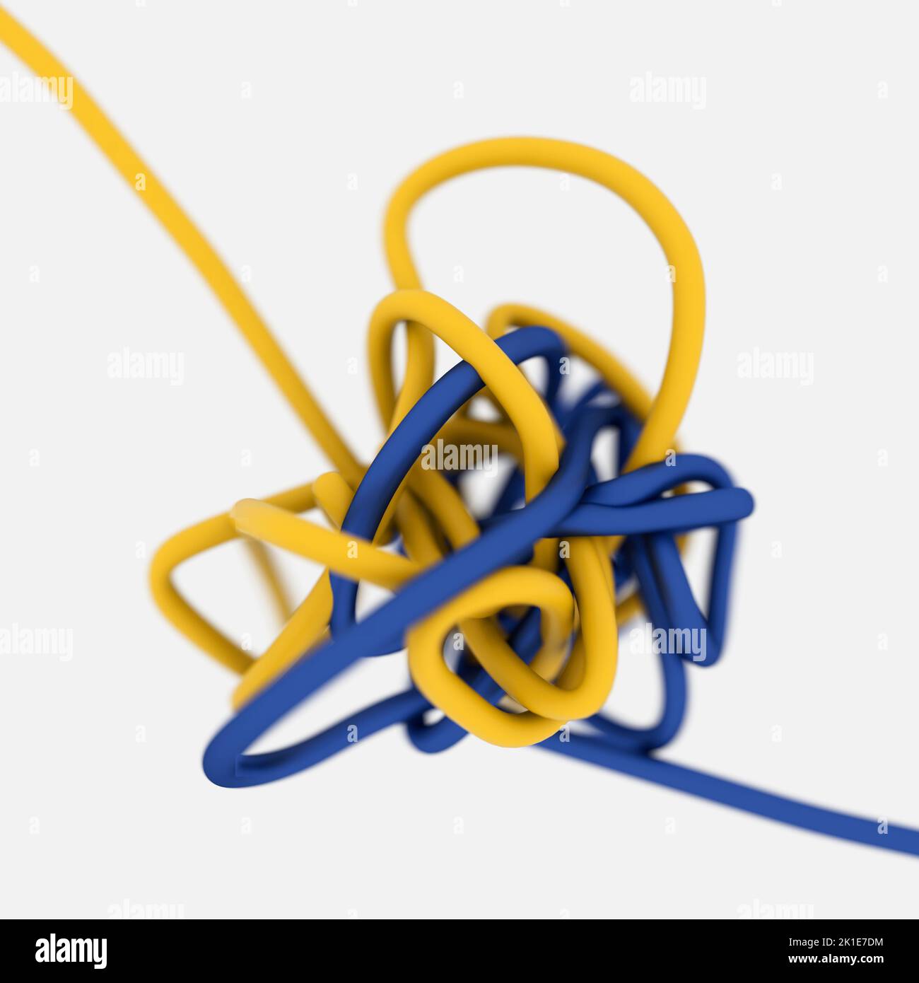 3D-Illustration of blue and yellow wires tangled together symbolizing brain on gray background Stock Photo