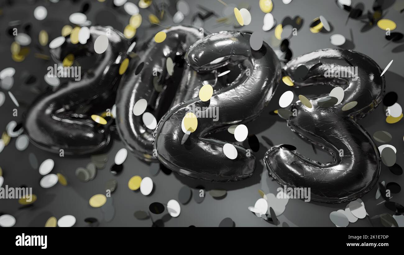 From above bunch of 2023 balloons placed on black background under falling confetti during New Year party, 3D-Illustration Stock Photo