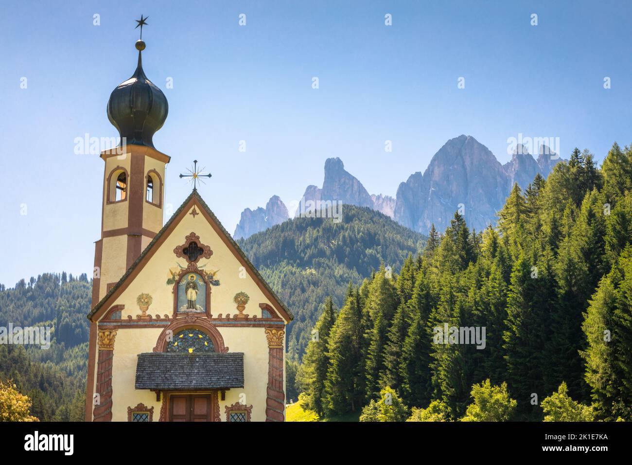 St Johann Church in idyllic Santa Maddalena, Dolomites, Italy Stock Photo