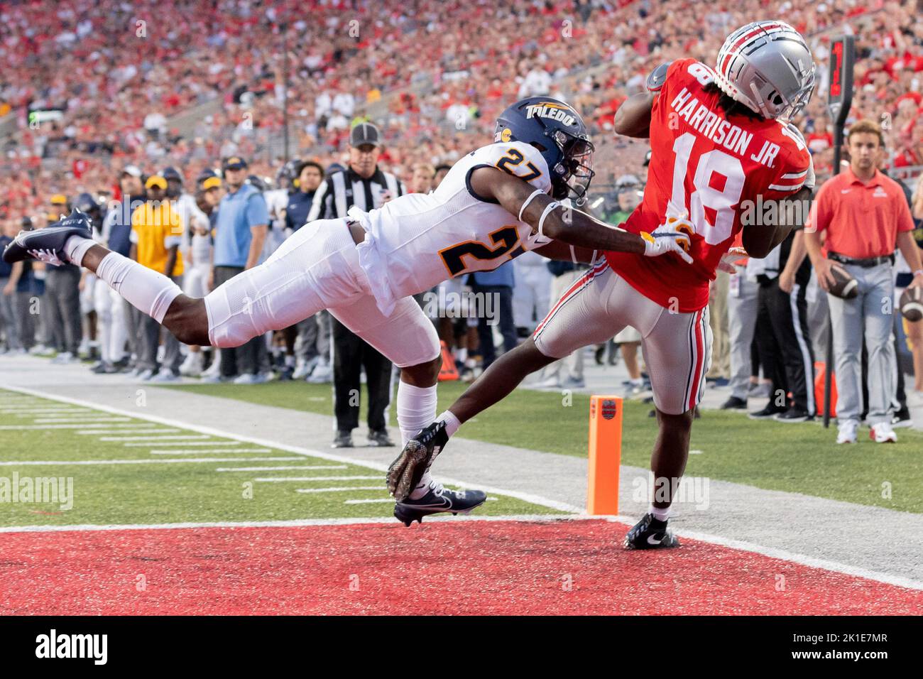 Columbus, Ohio, USA. 17th Sep, 2022. Ohio State Buckeyes wide receiver Marvin Harrison Jr. (18) gets his foot in for a touchdown catch during the game between the Toledo Rockets and the Ohio State Buckeyes at Ohio Stadium, Columbus, Ohio. (Credit Image: © Scott Stuart/ZUMA Press Wire) Stock Photo