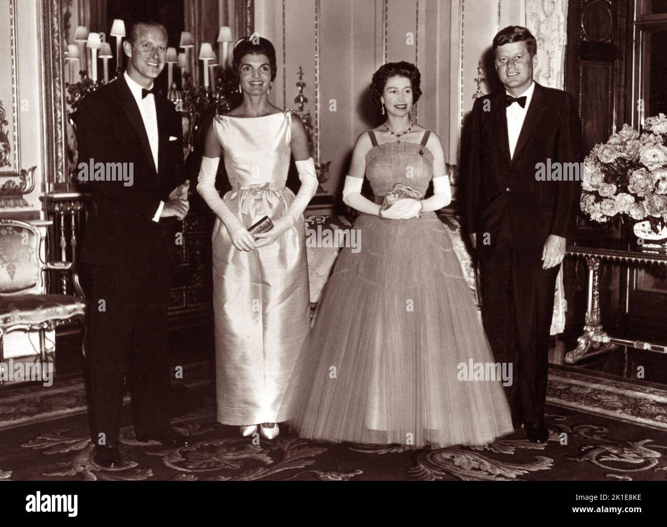 Group portrait featuring (L to r) Prince Philip, Duke of Edinburgh, Jacqueline Kennedy, Queen Elizabeth II, and U.S. President John F. Kennedy at Buckingham Palace on June 5, 1961. Stock Photo