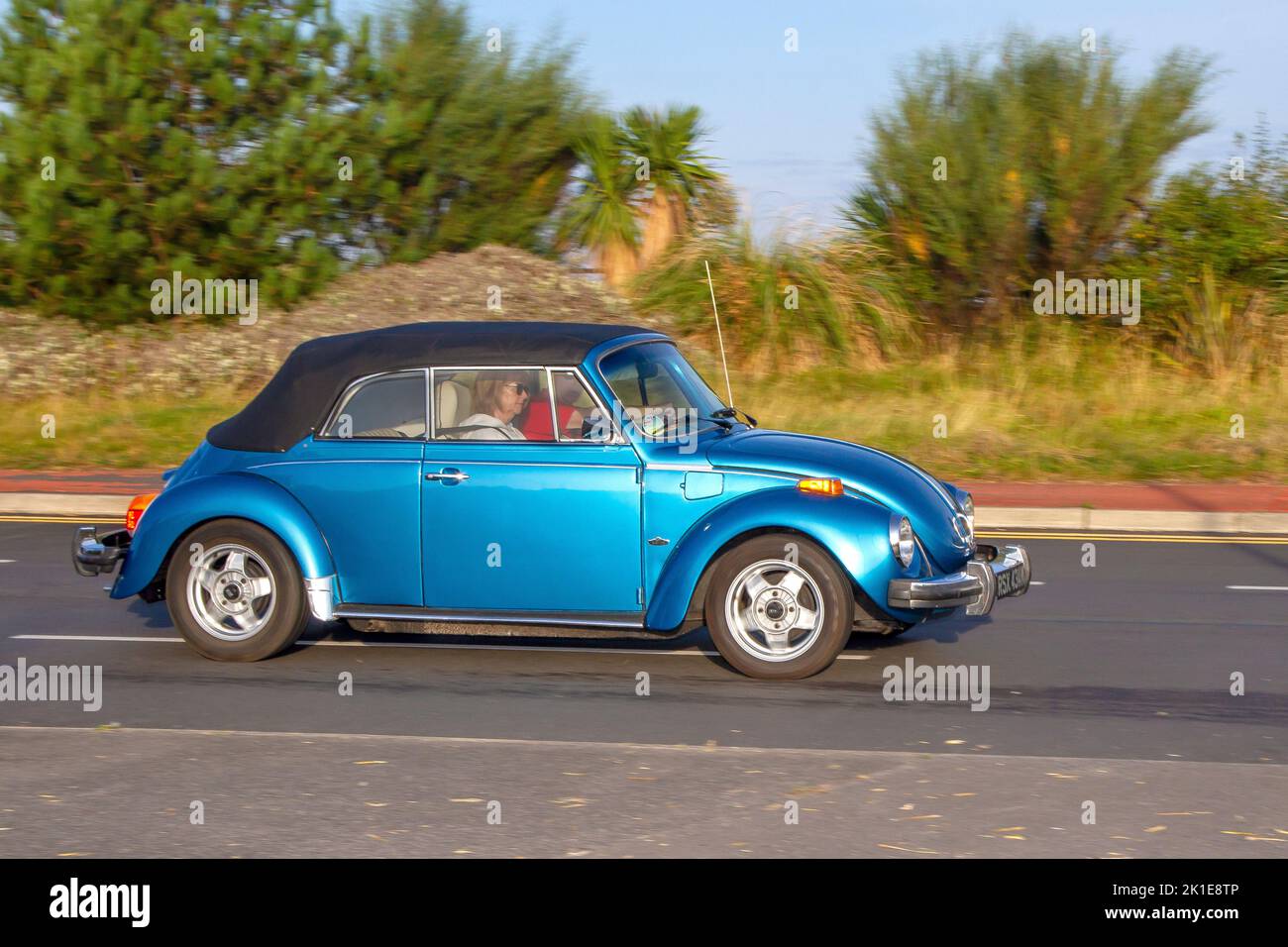 1974 70s seventies Blue Vw Volkswagen Beetle Cabrio 1600cc convertible; travelling to the Classic and speed event in Southport, UK Stock Photo