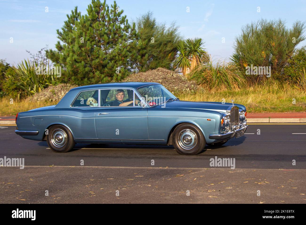 1969 60s Blue Rolls Royce SHADOW 2 Door 3 speed automatic 6230cc Petrol saloon; travelling to the Classic and speed event in Southport, UK Stock Photo