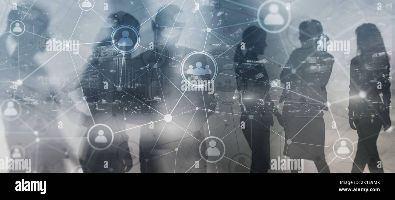 Social media. People relation and organization structure. Business and communication technology concept. Background with silhouettes. Stock Photo