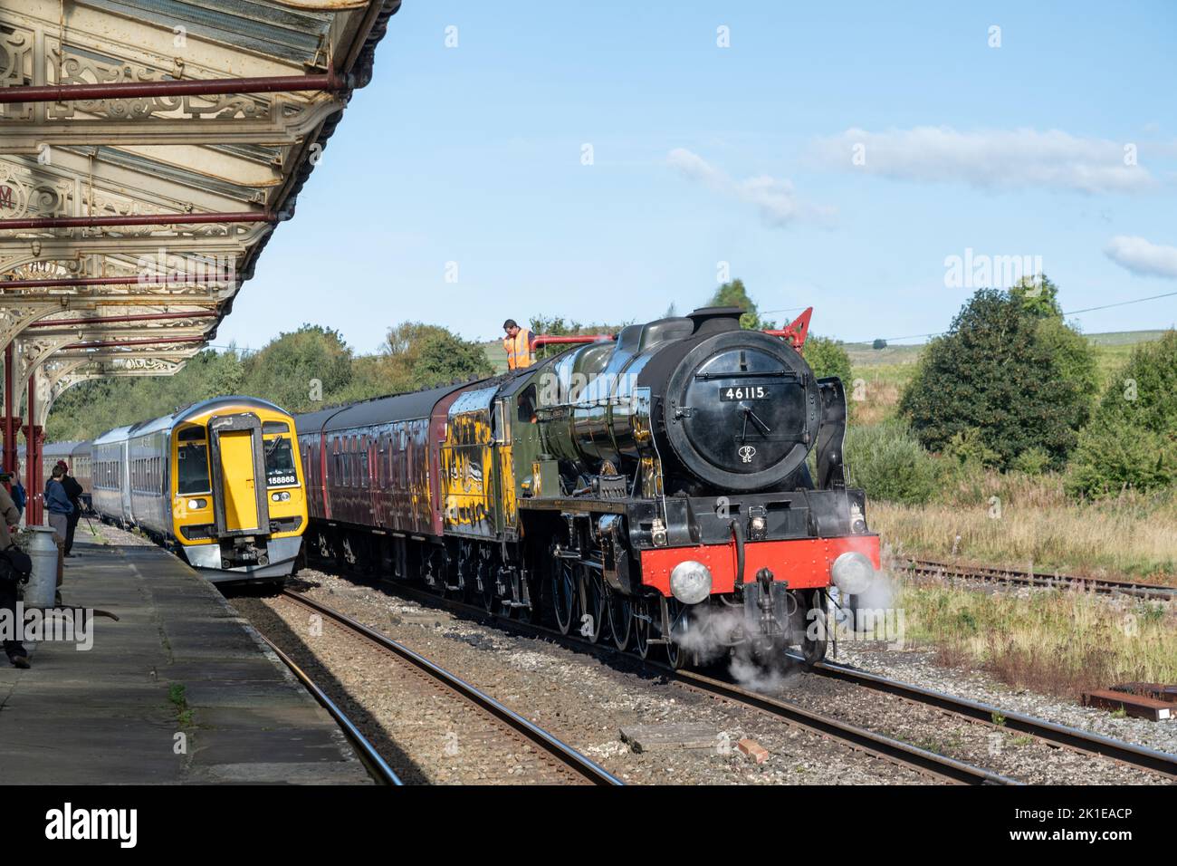 The LMS Royal Scot class 46115 Scots Guardsman and a modern diesel
