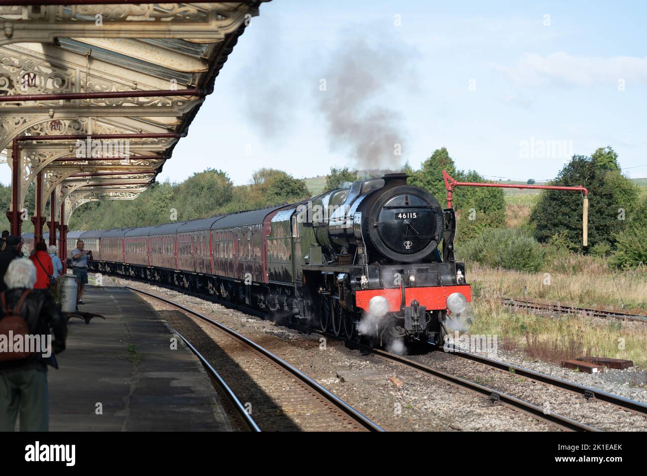 The LMS Royal Scot class 46115 Scots Guardsman at Hellifield station, Yorkshire Stock Photo