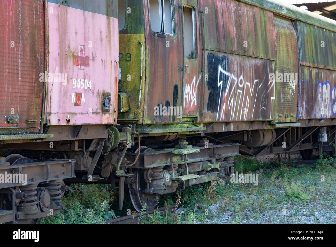 Abandoned raliway carriages at Hellifield station near Skipton, Yorkshire Stock Photo