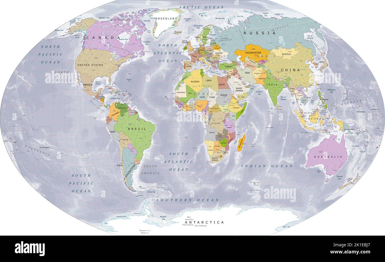 Vector detailed political world map WinkelTripel projection Stock