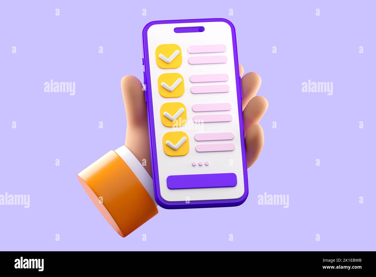 3d smartphone with human hand with checklist on the screen. Todo or ...