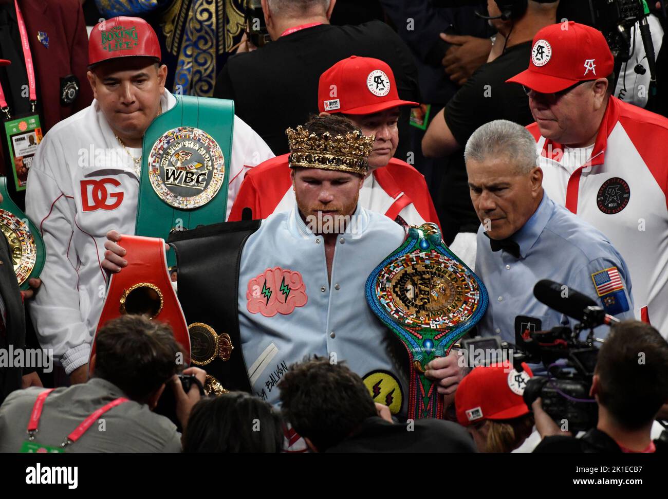 Las Vegas, Nevada, USA. 17th Sep, 2022. CANELO ALVAREZ holds his belts