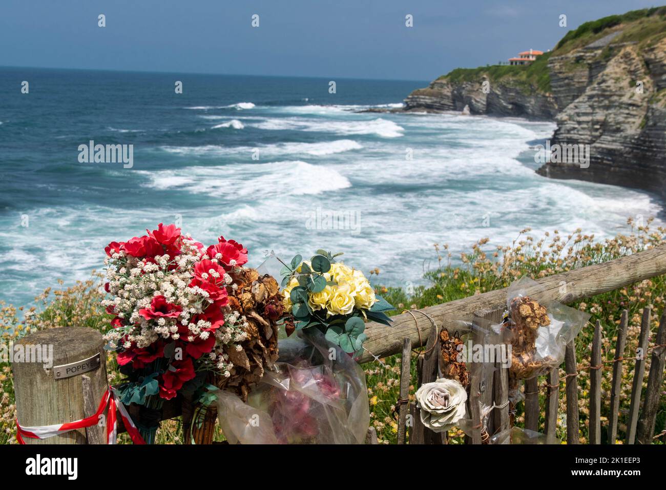 Bouquet of flowers as a reminder for the victims of the cliffs Stock Photo