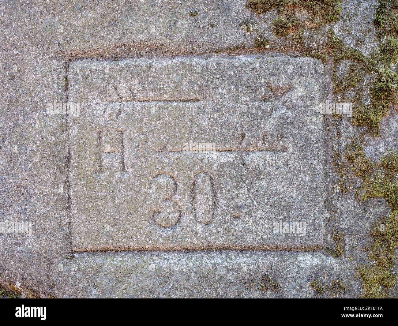 Old tourist arrows and direction symbols with letters engraved into
