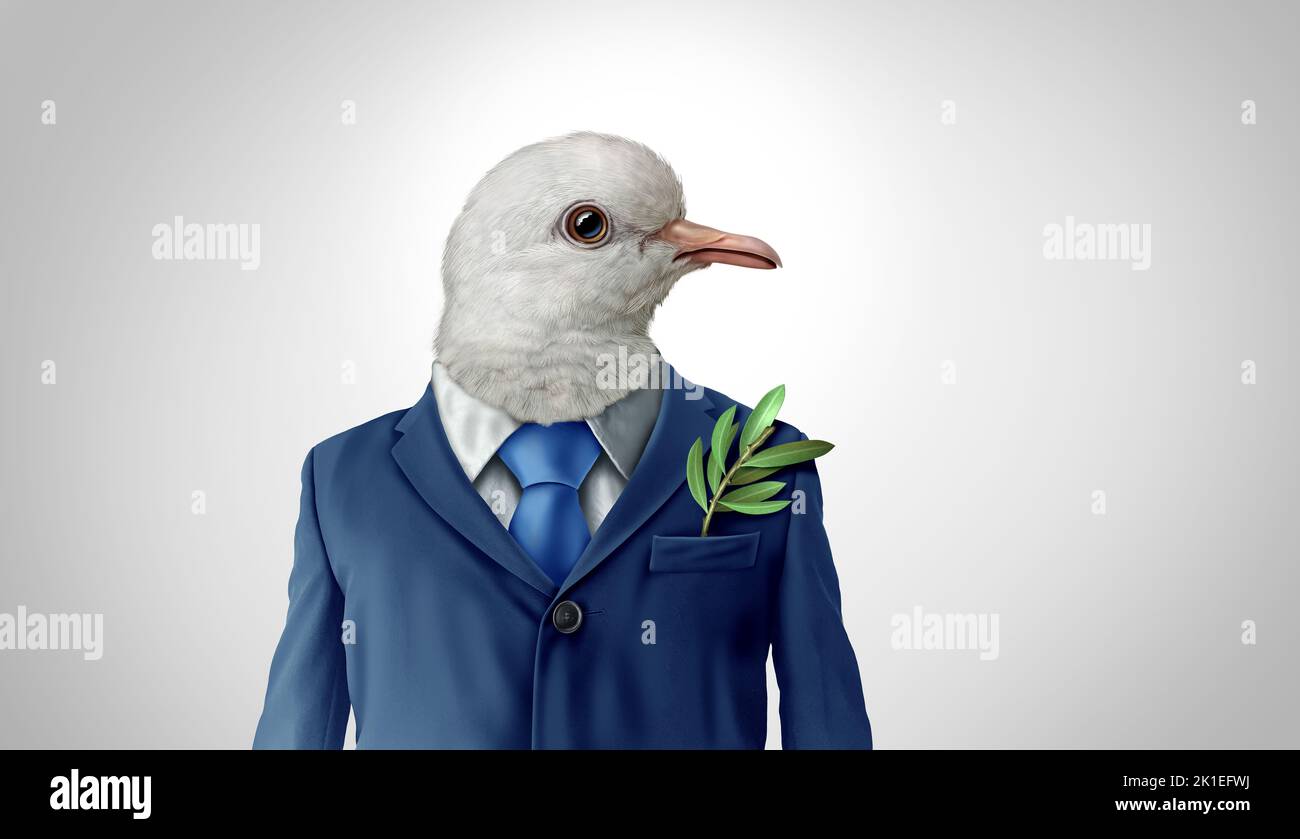 Diplomacy And Peace process symbol as a dove in a business suit representing a diplomat or negotiator for a treaty or conflict resolution with. Stock Photo