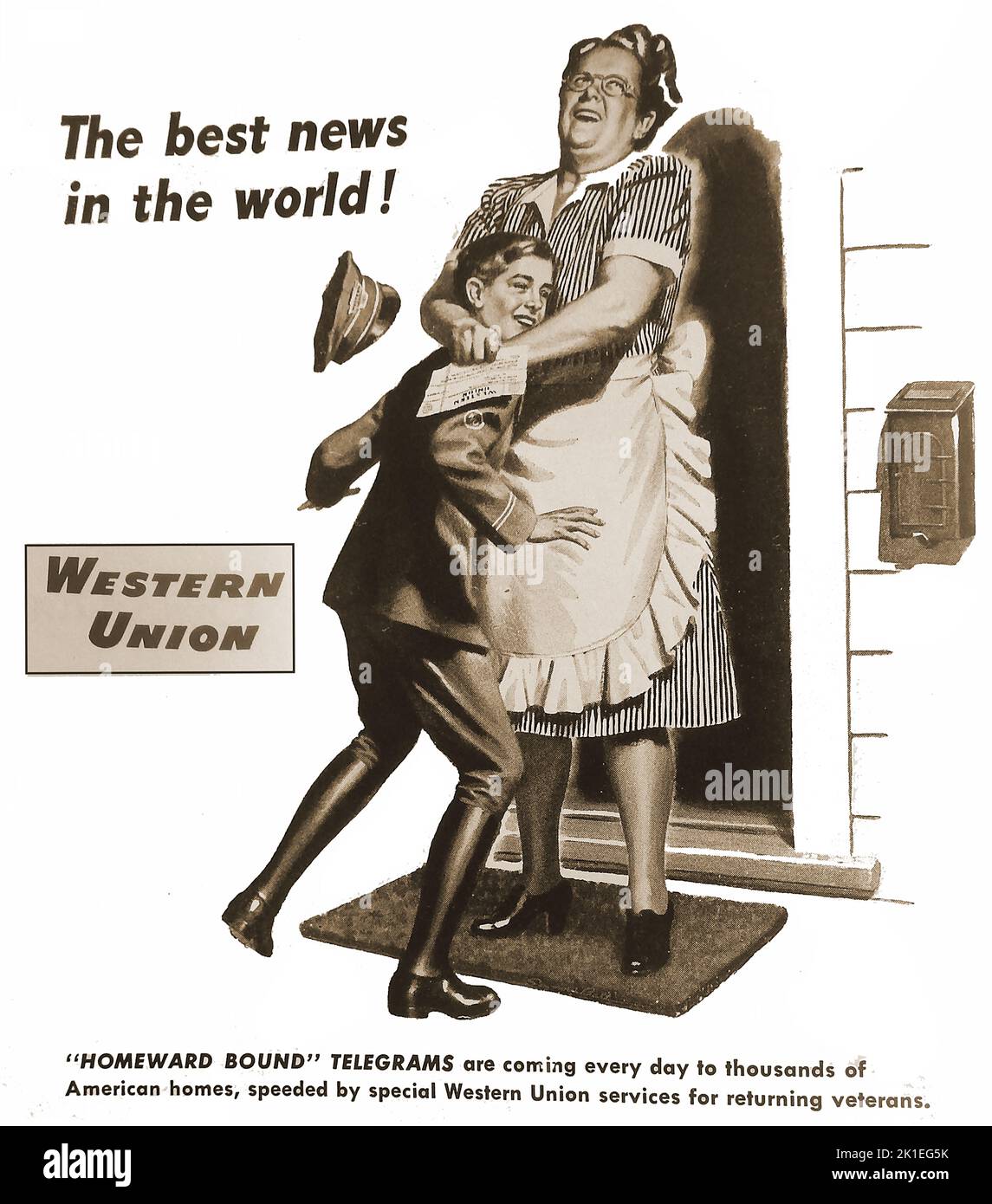 A 1947 post-war advertisement for Western Union  Homeward bound telegrams  announcing the coming home of soldiers, sailors and airmen after serving in the 2nd World War. A housewife hugs the telegram boy with delight Stock Photo