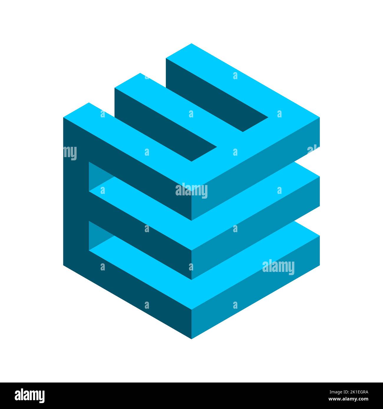 Triple E cube logo. 3D letter E cube. Blue geometric hexagon shape. Electronics industry concept. Three layers object. Construction and building Stock Vector