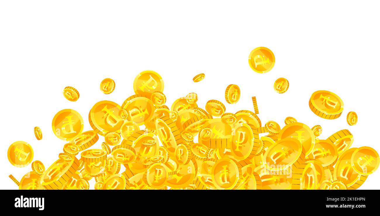 Russian ruble coins falling. Scattered gold RUB coins. Russia money ...