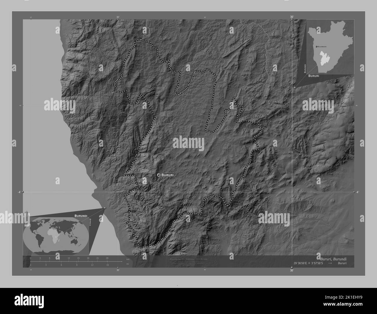 Bururi, province of Burundi. Grayscale elevation map with lakes and rivers. Locations and names of major cities of the region. Corner auxiliary locati Stock Photo