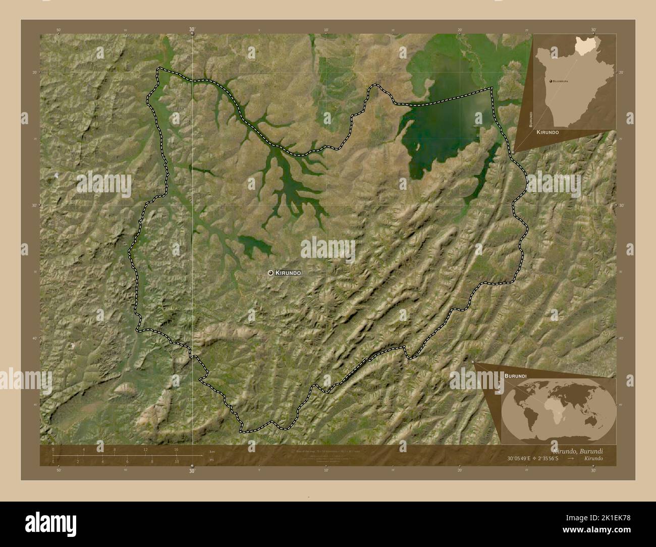 Kirundo, province of Burundi. Low resolution satellite map. Locations