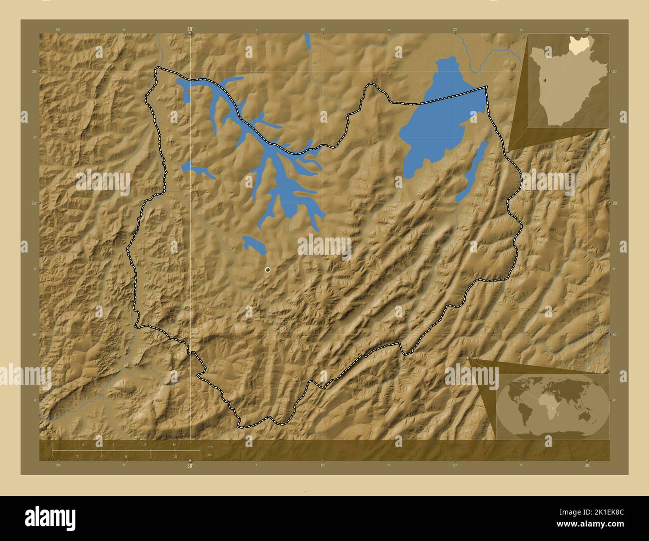 Kirundo, province of Burundi. Colored elevation map with lakes and