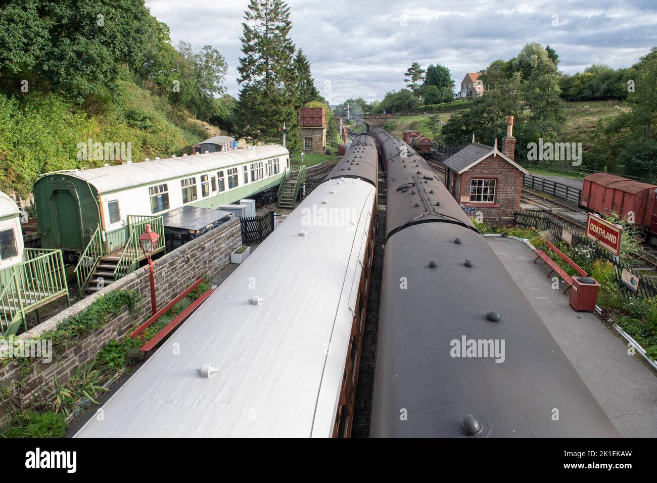 Steam trains in the station on the North York Moors railway at Goathland Stock Photo