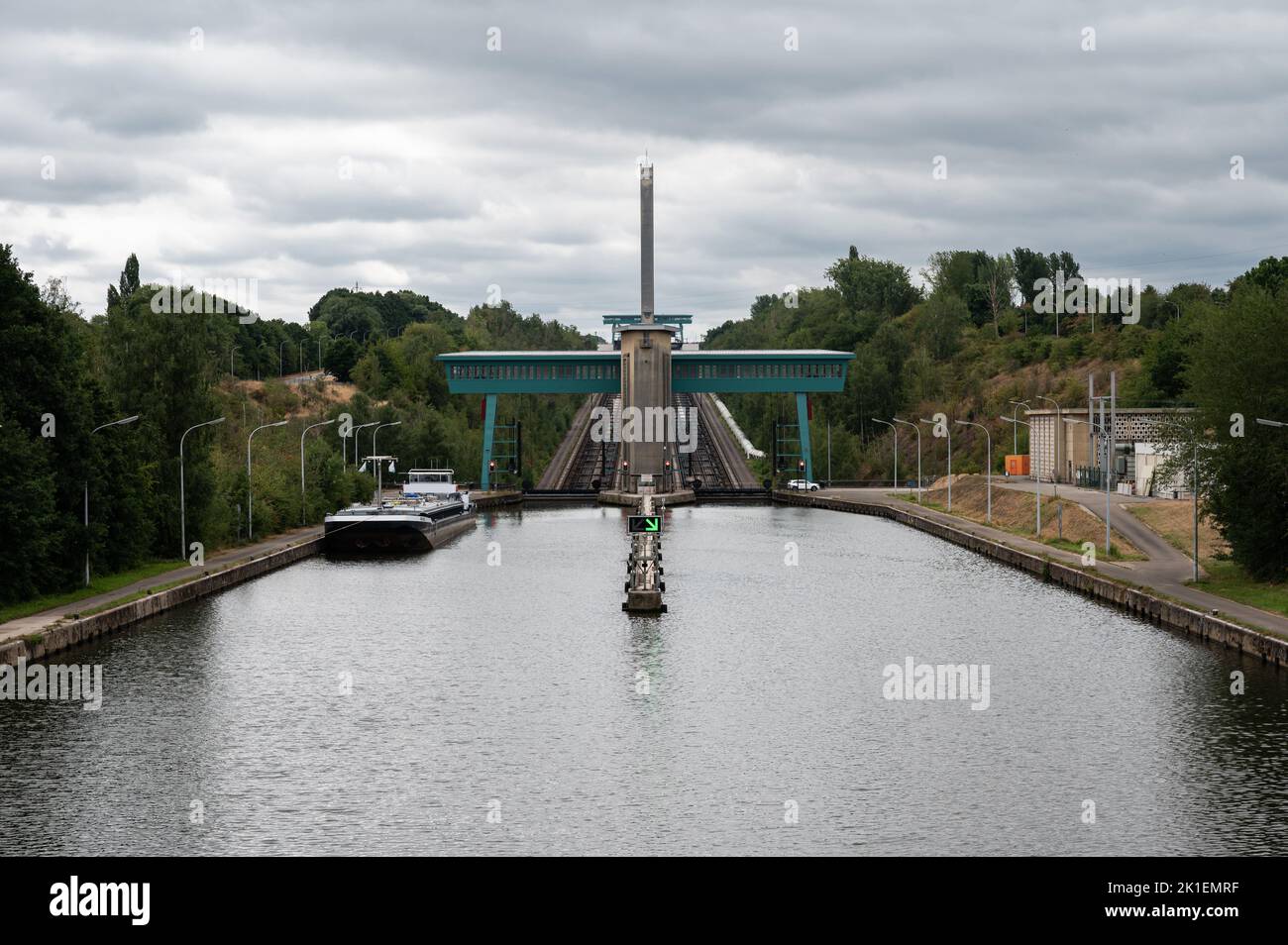 Ronquieres, Wallon Region, Belgium , 08 02  2022 - The canal inclined plane and control tower Stock Photo