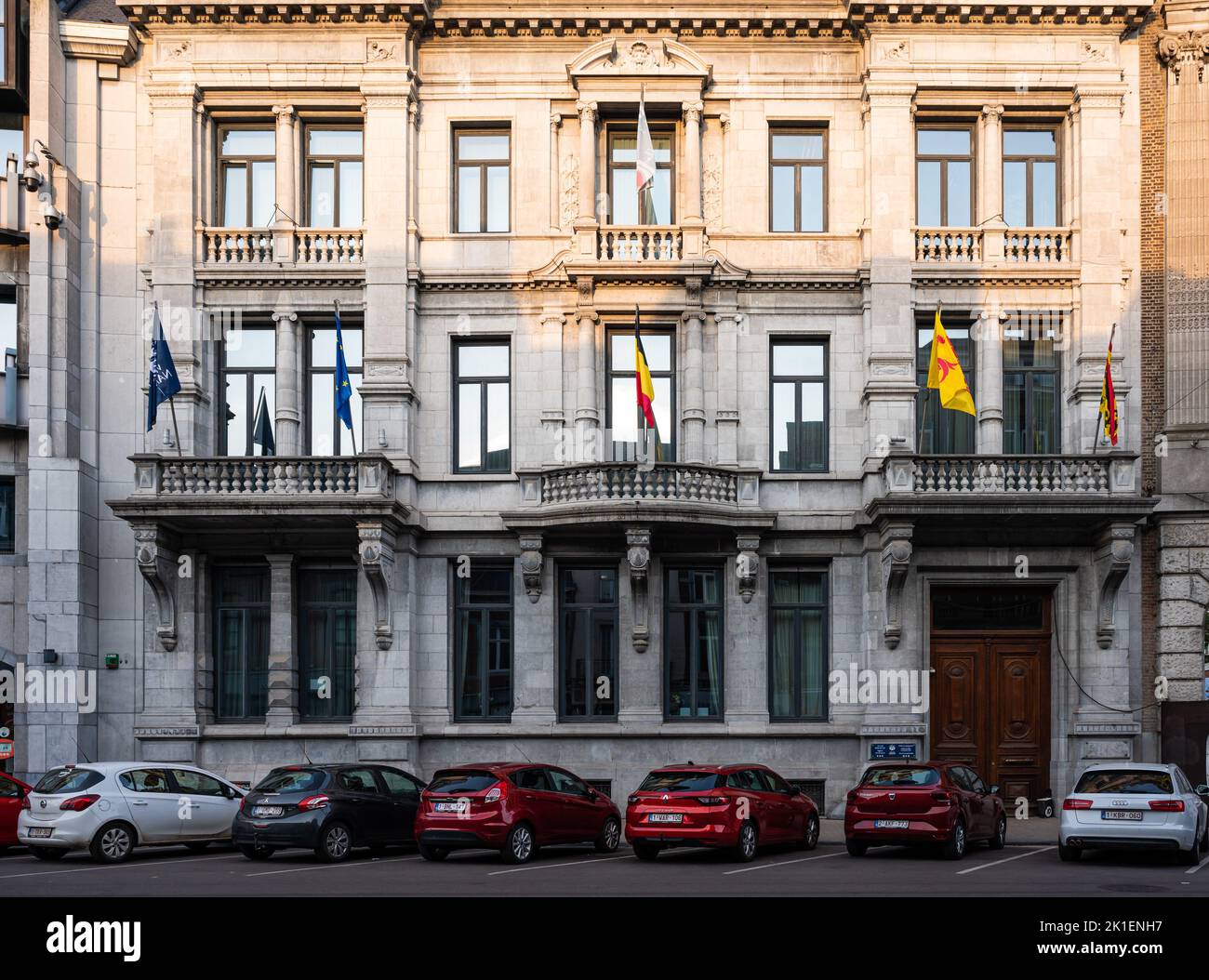 Namur, Wallon Region, Belgium, 07 28 2022 - Facade and flags of the city hall building Stock Photo