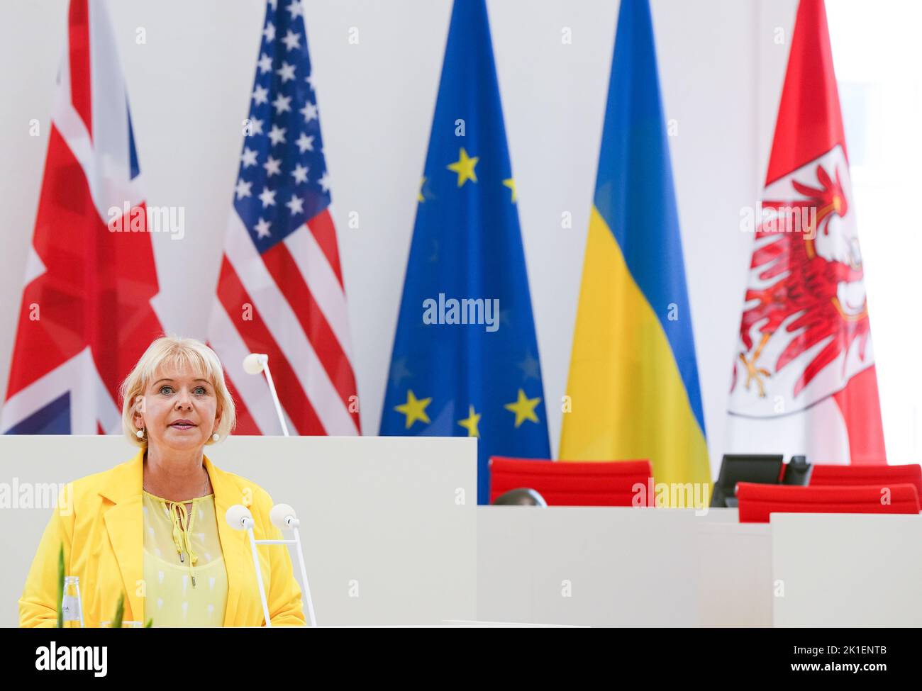 Potsdam, Germany. 17th Sep, 2022. Ulrike Liedtke, President of the Brandenburg State Parliament, speaks during a reception for the presidents of the G7 countries in the Brandenburg State Parliament. Credit: Soeren Stache/dpa/Alamy Live News Stock Photo