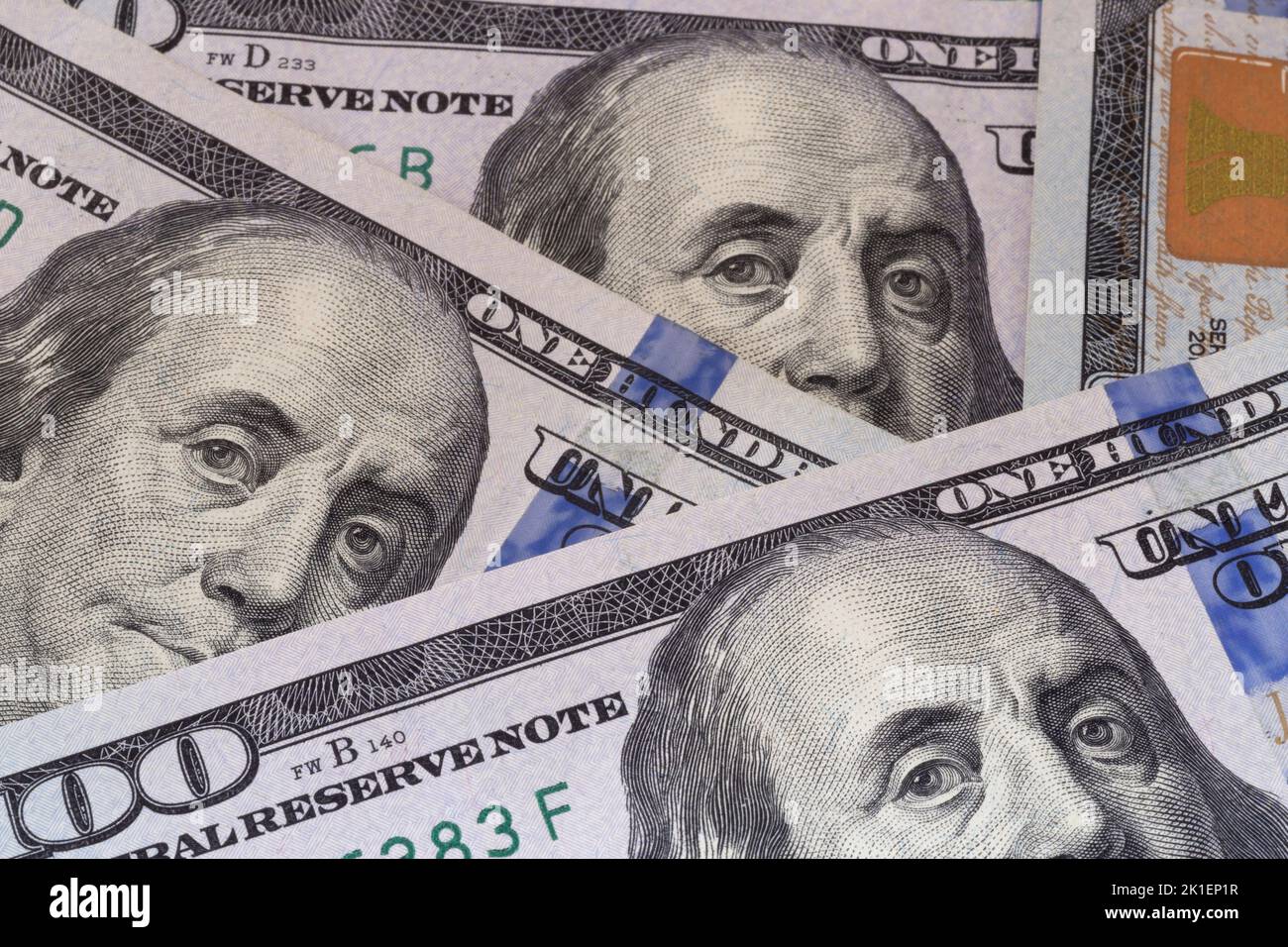 close up of several one hundred United States dollars banknotes Stock Photo