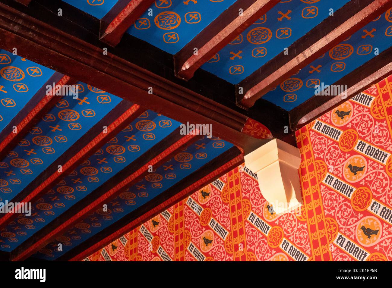 Ceiling and wall designs in the dining room at the Grange , Augustus Pugin's Gothic Revival family home in Ramsgate Kent. Stock Photo