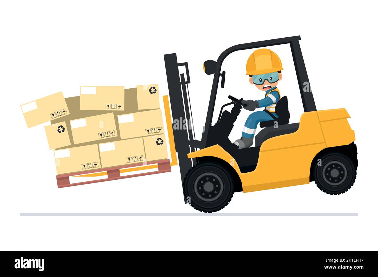 Dangers of driving a forklift. Industrial worker in an accident with