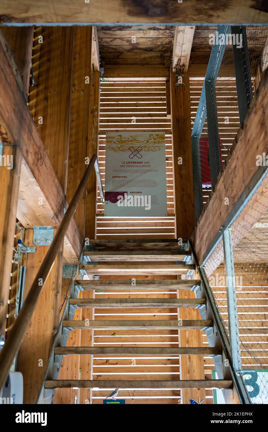 Vaalbeek, Flemish Brabant Regio, Belgium - 08 21 2022 - Wooden interior of the staircase of the observation deck Stock Photo