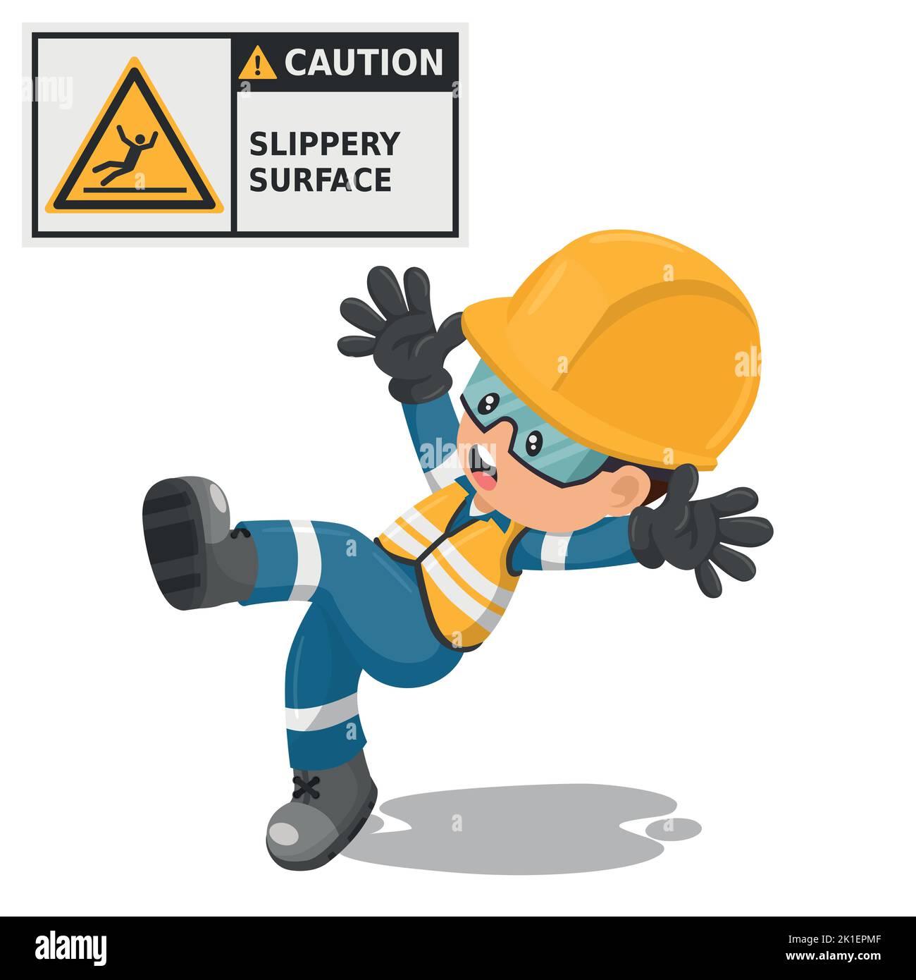 Industrial worker with slippery surface hazard sign warning. Caution icon and pictogram. Work accident. Worker with personal protective equipment. Ind Stock Vector