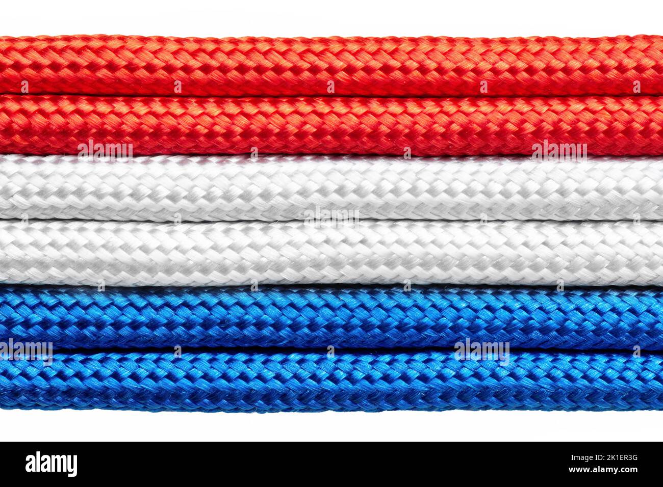 National flag of the Netherlands made from dyed braided cords isolated on white. Stock Photo