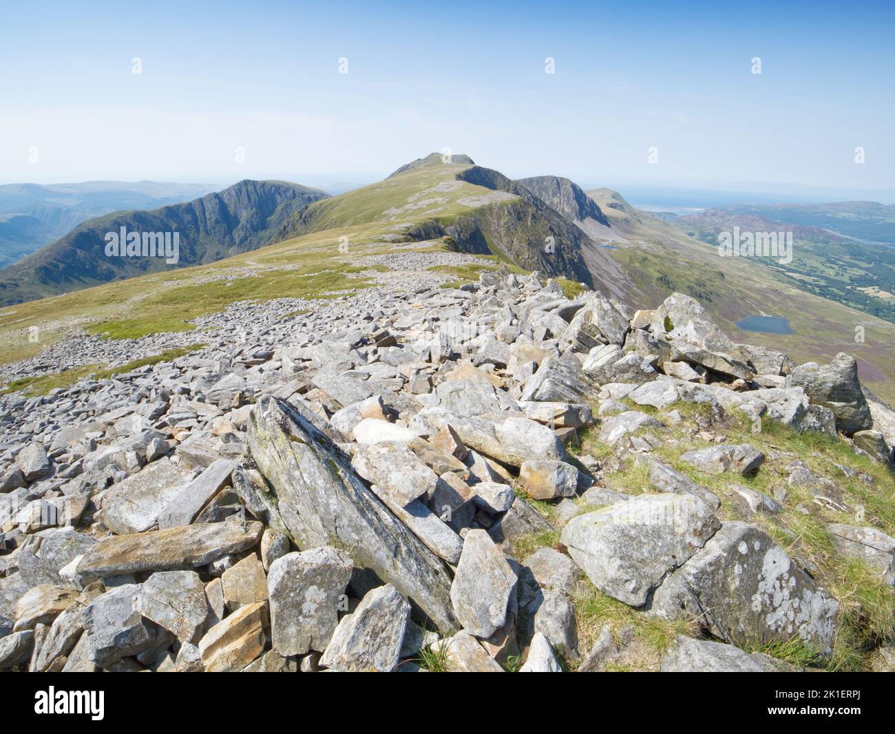 The summit of Cadair Idris, Penygadair, viewed from the neighbouring summit of Mynydd Moel Stock Photo