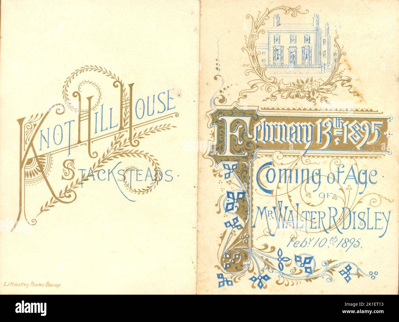 Chromolithographed menu card  to celebrate the Coming of Age of Mr Walter R Disley at Knot Hill House, Stacksteads [Bacup, Lancashire] 10 February 1895 Stock Photo