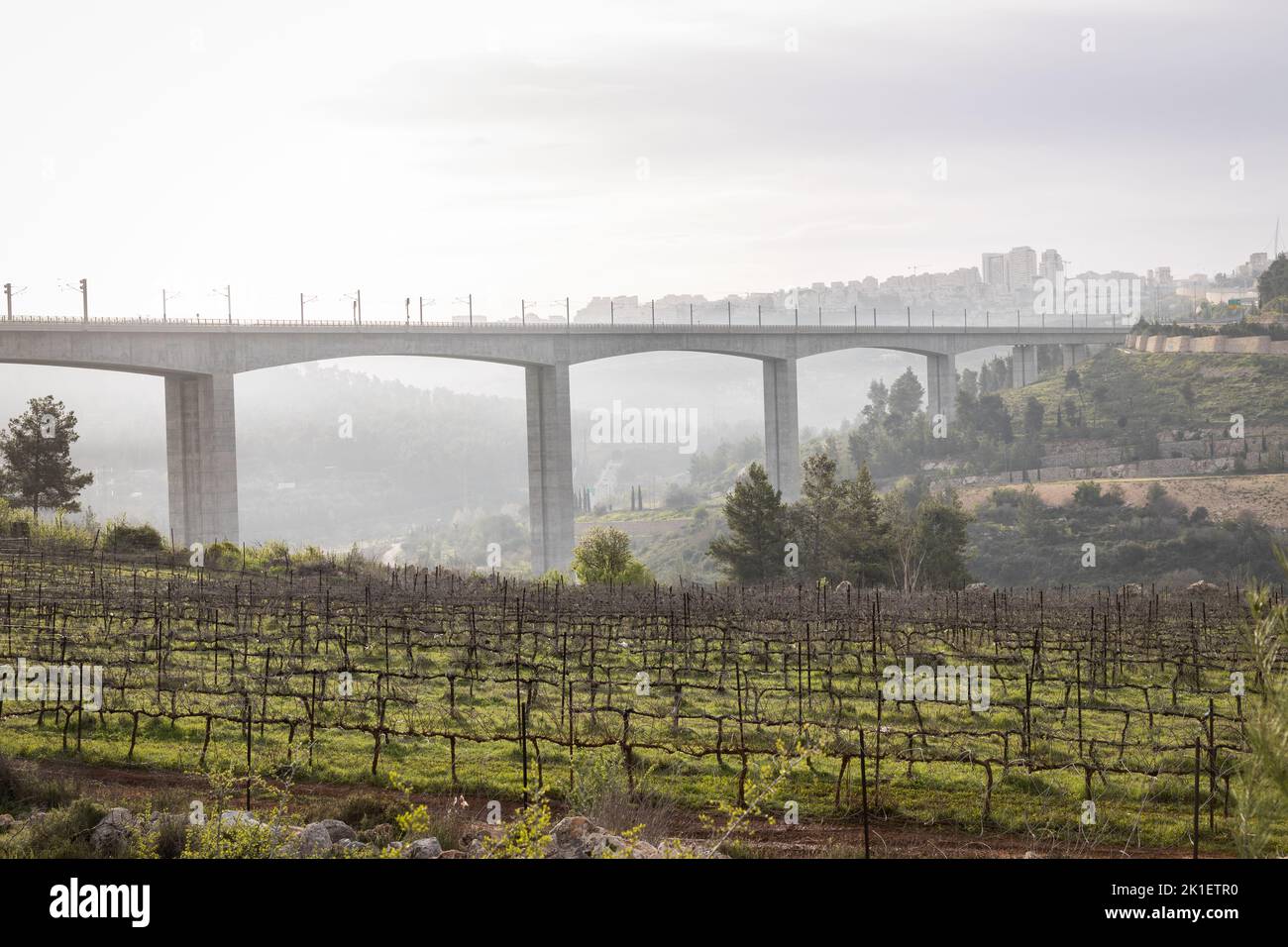 railway bridge over a valley next to Jerusalem, Israel. Stock Photo