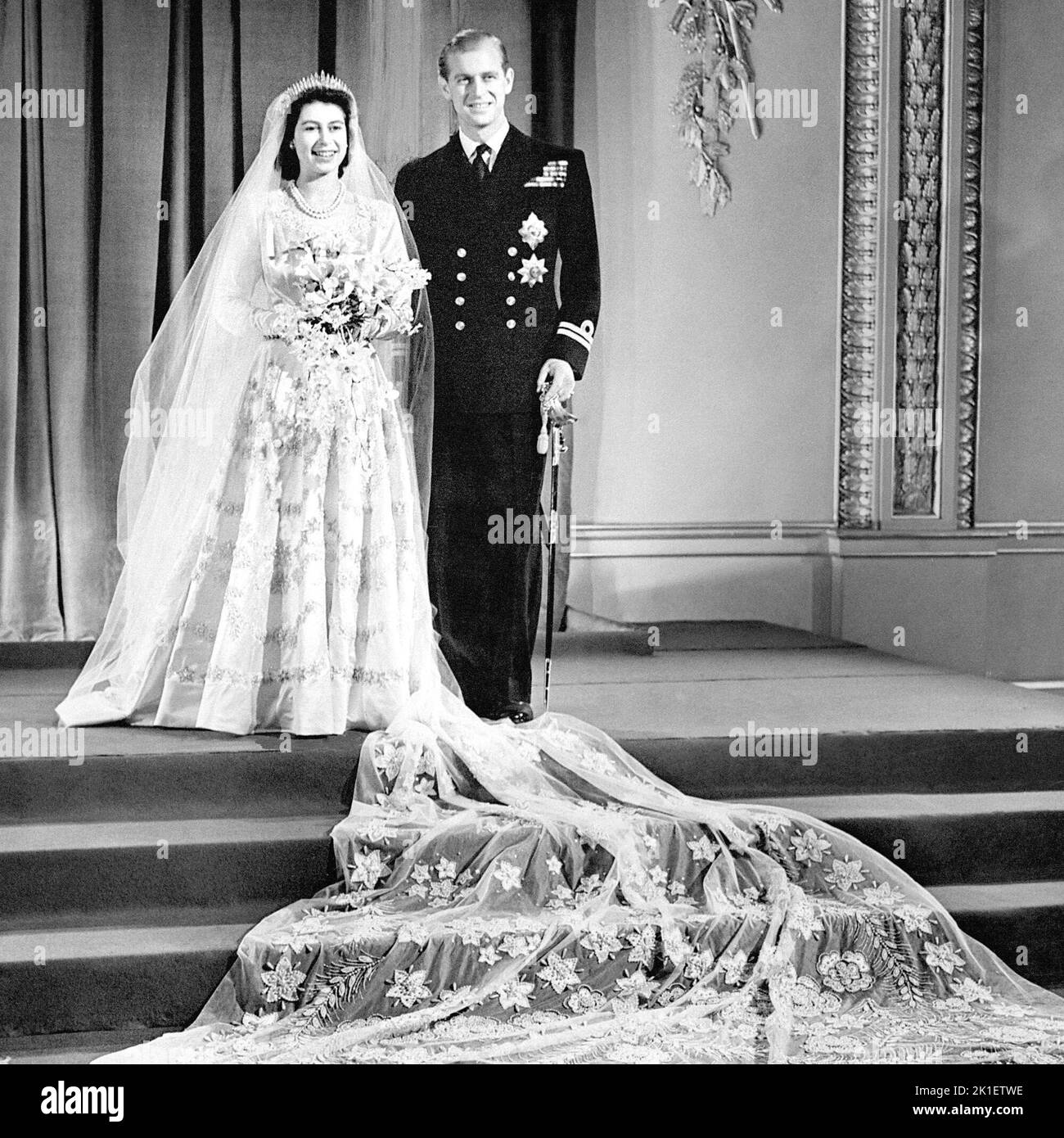 File photo dated 20/11/1947 of Princess Elizabeth (now Queen Elizabeth II) and Lt Philip Mountbatten at Buckingham Palace after their wedding ceremony. Issue date: Sunday September 18, 2022.. Photo credit should read: PA Wire Stock Photo