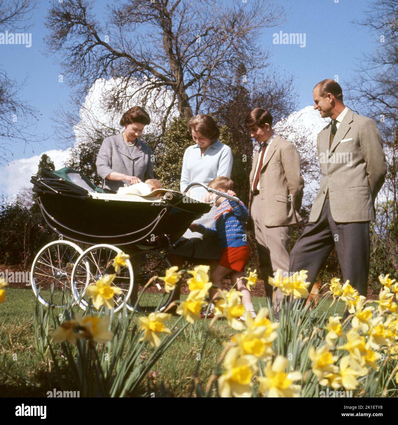 File photo dated 21/04/65 of (left to right) Queen Elizabeth II, baby Prince Edward, Princess Anne, Prince Andrew, Prince Charles and the Duke of Edinburgh, in the gardens of Frogmore House, Windsor, Berkshire, as they celebrate the Queen's 39th birthday. The same pram was used to ferry the Queen's great-granddaughter Princess Charlotte to her christening in July 2015,. Issue date: Sunday September 18, 2022.. Photo credit should read: PA Wire Stock Photo