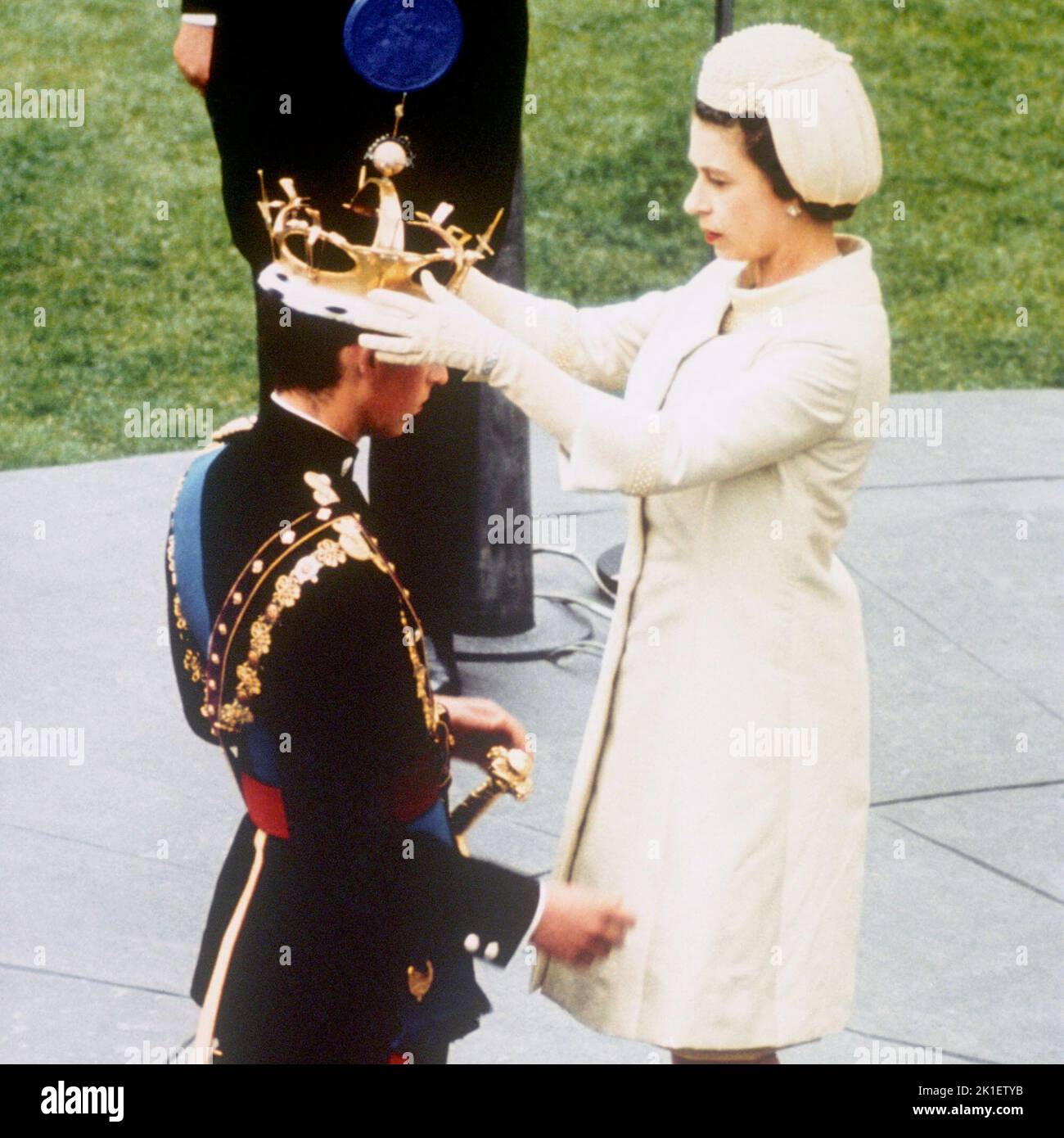 File photo dated 01/07/69 of Queen Elizabeth II formally investing her son Prince Charles with the Coronet of the Prince of Wales during an investiture ceremony at Caernarfon castle. He actually took on the title when he was nine, but the Queen insisted the ceremony should wait until he fully understood its significance. Issue date: Sunday September 18, 2022.. Photo credit should read: PA Wire Stock Photo
