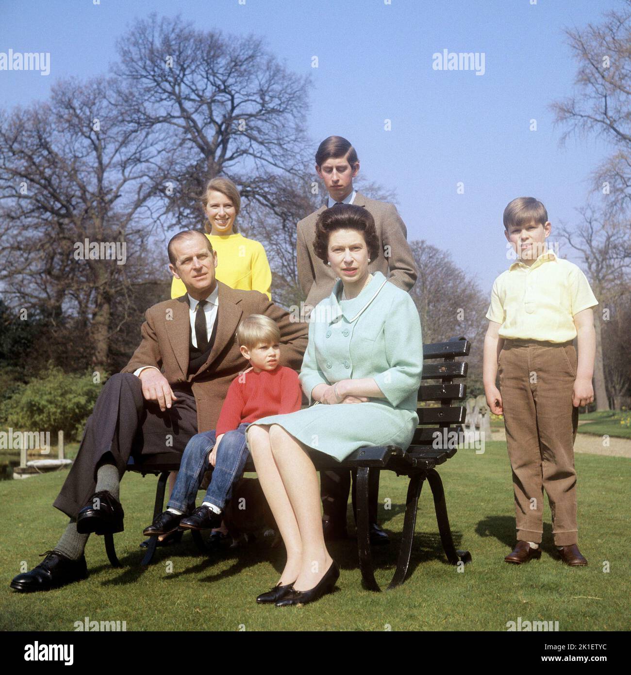 File photo dated 21/04/1968 of The Royal Family in the grounds of Frogmore House, Windsor, Berkshire. Left to right: Duke of Edinburgh, Princess Anne, Prince Edward, Queen Elizabeth II, Prince Charles (behind the Queen) and Prince Andrew. Issue date: Sunday September 18, 2022.. Photo credit should read: PA Wire Stock Photo