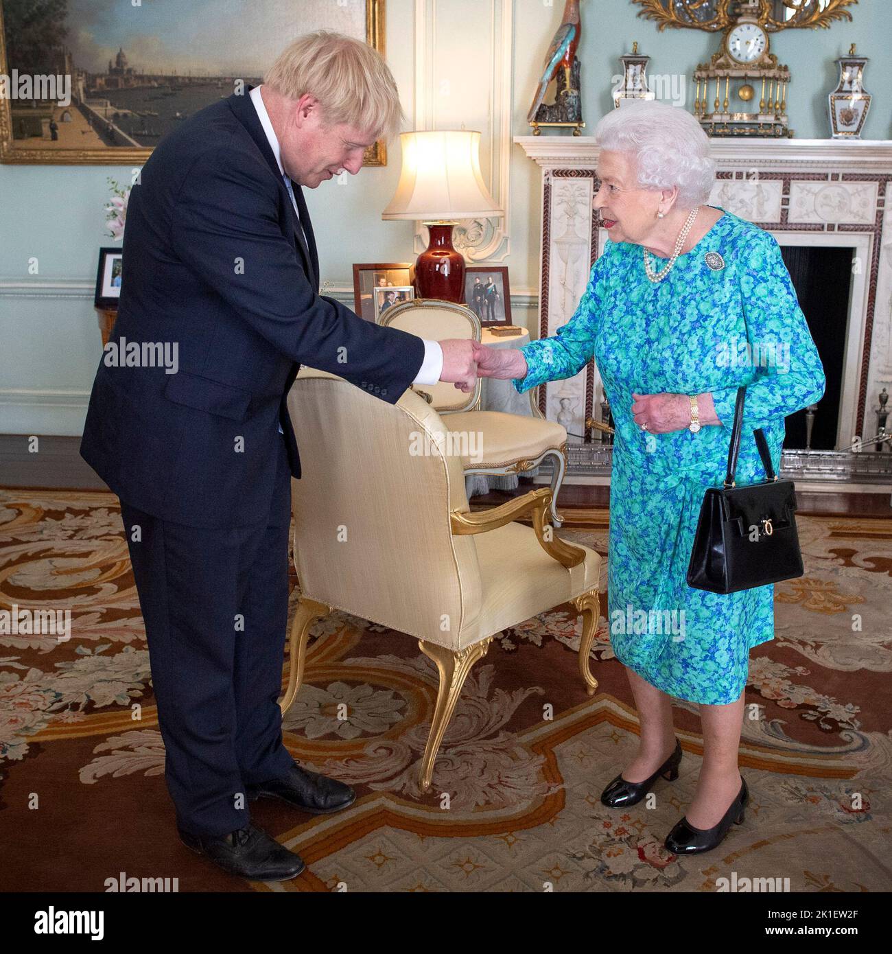 File photo dated 24/7/2019 of Queen Elizabeth II welcoming the newly-elected leader of the Conservative party Boris Johnson during an audience in Buckingham Palace, London, where she invited him to become Prime Minister and form a new government. Stock Photo