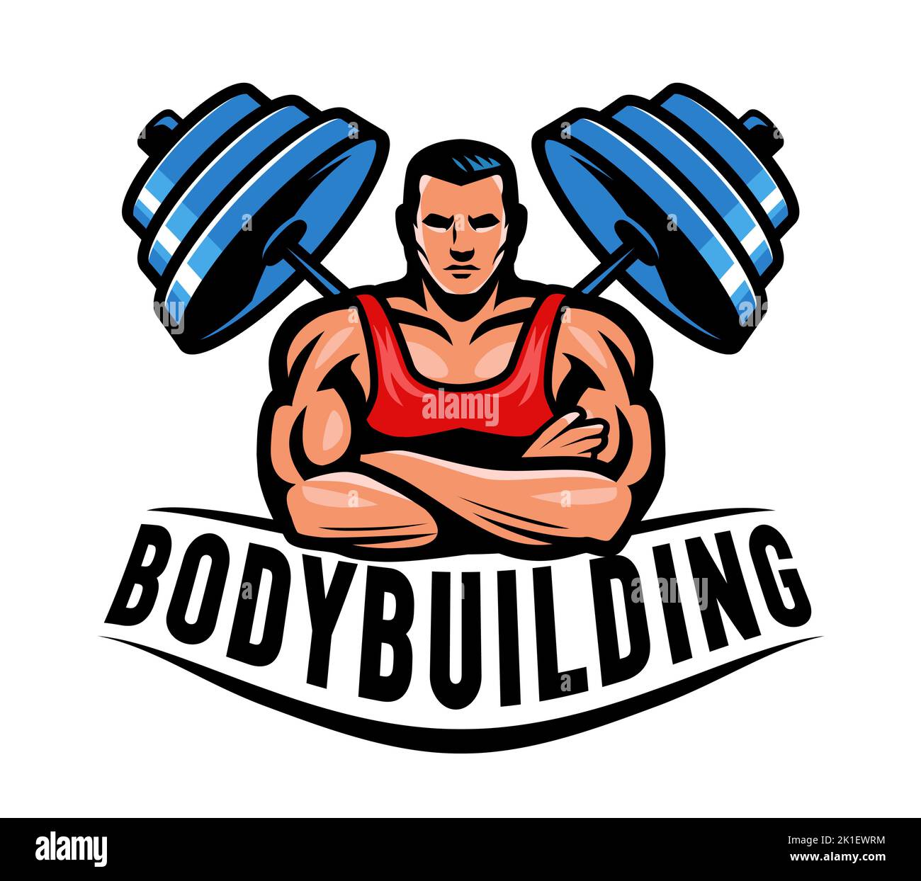 Muscular bodybuilder and barbell emblem. Bodybuilding logo or badge. Gym symbol vector illustration Stock Vector