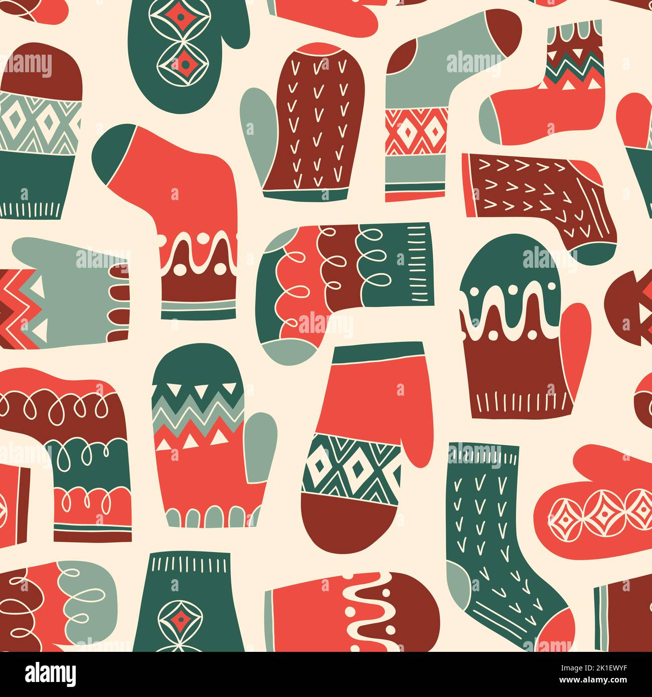 Colorful Retro Knitted Mittens and Socks Vector Seamless Pattern Stock Vector