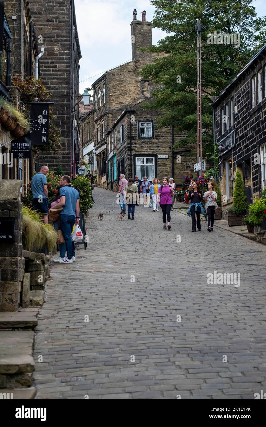 Main Street in the village of Haworth, near Keighley and Bradford, West Yorkshire, England. Stock Photo